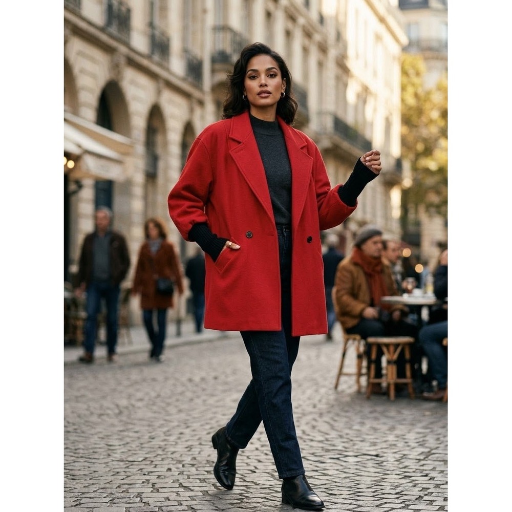 Patina International Women's Vintage Red Wool Pea Coat Ribbed Cuffs Size 10 USA
